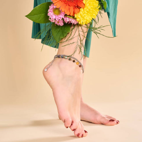 Chakra arc-en-ciel | Chaîne de cheville à 7 pierres précieuses | Argent
